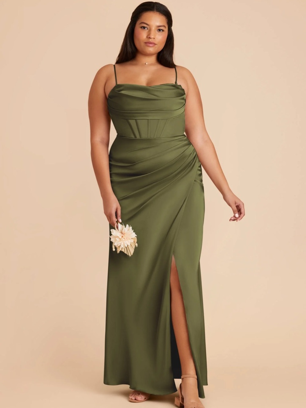 Satin Olive Green Formal Dress with removable straps